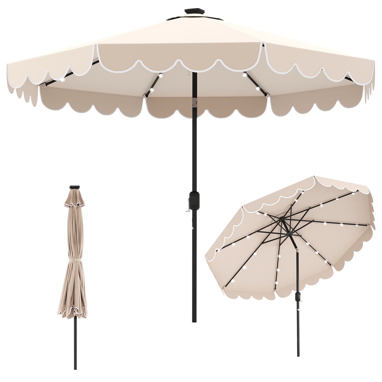 Polyester Auto-Tilt Solar Patio Umbrella with LED Lights and 10x8.3 ft Shade